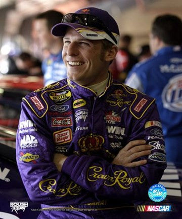 Jamie McMurray portrait with Crown Royal uniform with big grin