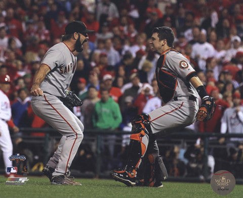 Buster Posey & Brian Wilson Celebrate winning the 2010 NLCS