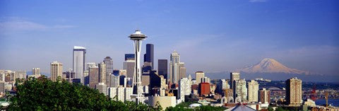 Skyscrapers with mountain in the background, Mt Rainier, Mt Rainier National Park, Space Needle, Seattle, Washington State, USA