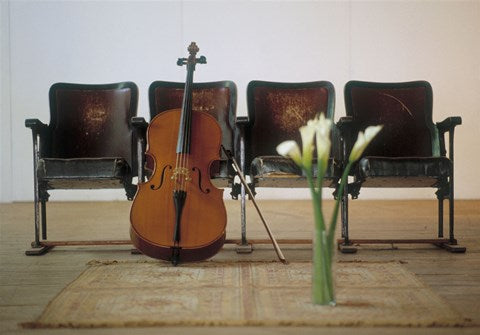 Cello leaning on attached chairs