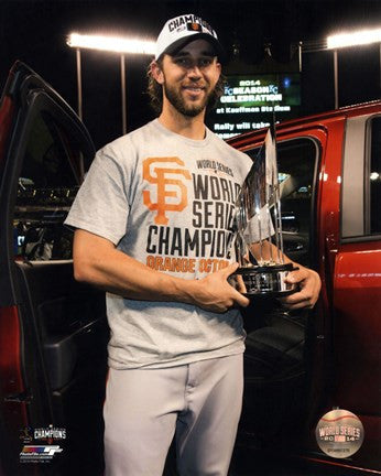 Madison Bumgarner with the MVP Trophy Game 7 of the 2014 World Series