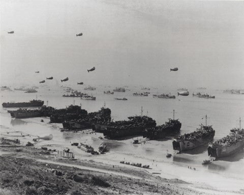 Barrage balloons and shipping at Omaha Beach during the Allied amphibious assault