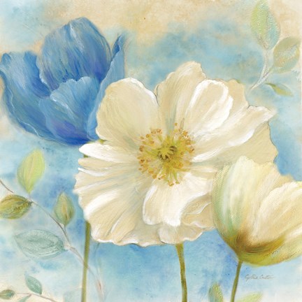 Watercolor Poppies II (Blue-White)