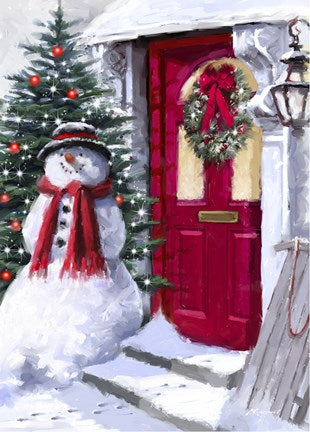 Snowman Outside Red Door