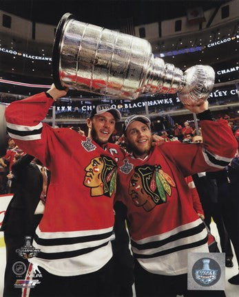 Jonathan Toews & Patrick Kane with the Stanley Cup Game 6 of the 2015 Stanley Cup Finals