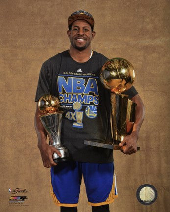 Andre Iguodala with the MVP & NBA Championship Trophies Game 6 of the 2015 NBA Finals